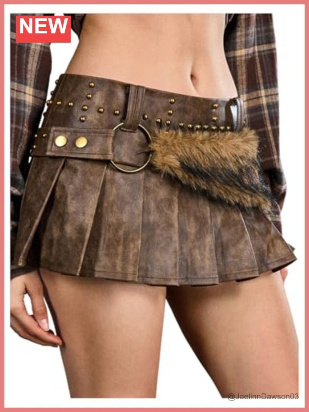 Studded Faux Fur Mini Skirt PU Leather Bodycon Low Waisted Clubwear